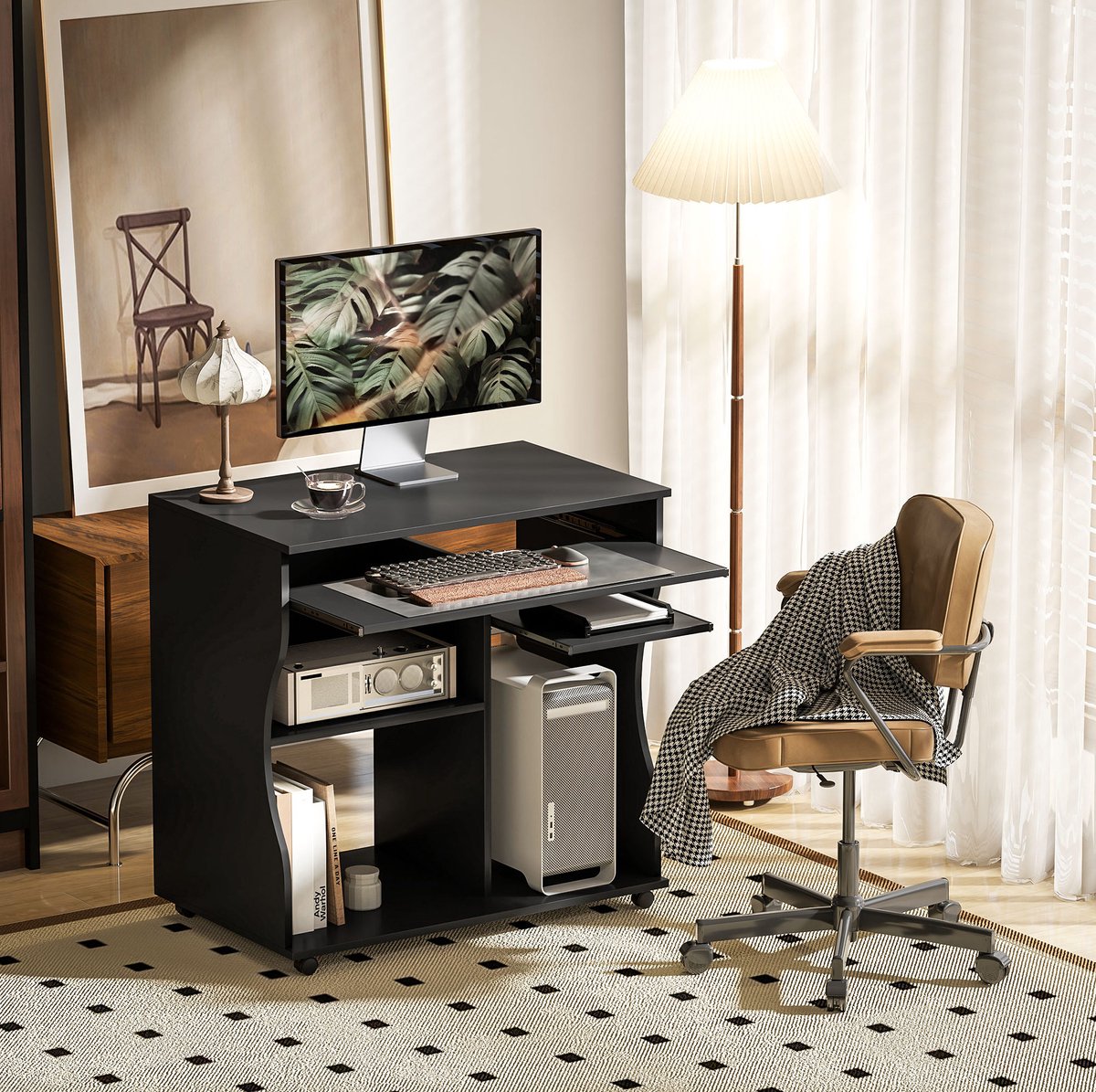 STILVORA Bureau - Compacte Computertafel Met Wielen En Toetsenbordplank - Voor Thuiskantoor En Kleine Ruimtes - Hout - 80x48x75 Cm - Zwart