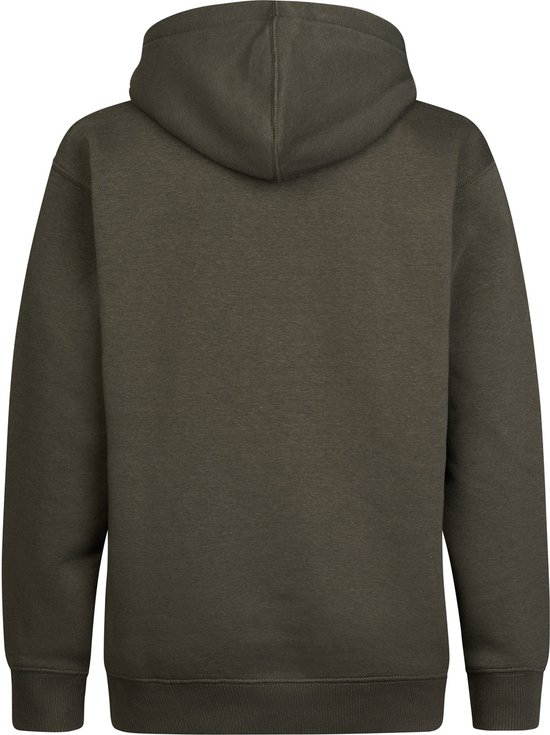 Achterkant van een effen donkergroene hoodie met capuchon.