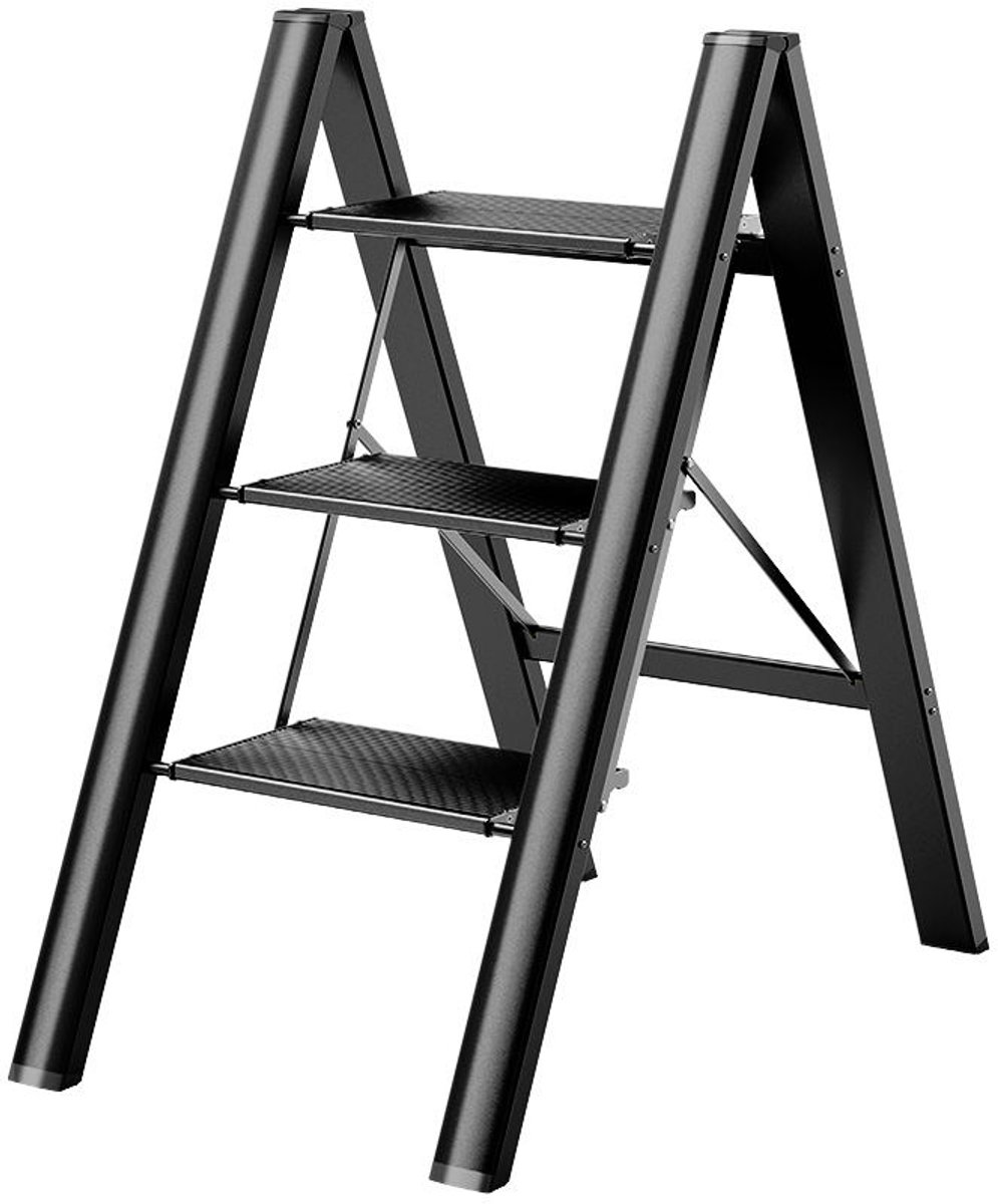 Drietrapsladder Opvouwbare Opstapkruk - Bredere antislip treden - Lichtgewicht en draagbaar - Ideaal voor huis en keuken - Belastbaar tot 150 kg - Zwarte kleur