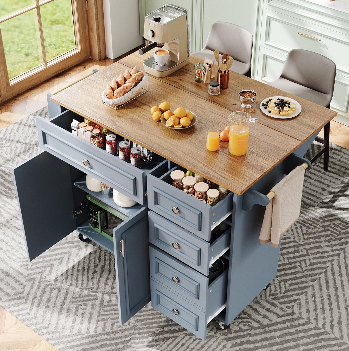 COVREO Keukeneiland eettafel 110 x 75 x 92 cm - opklapbaar, met lades en opbergruimte, babyblauw Baby Blue