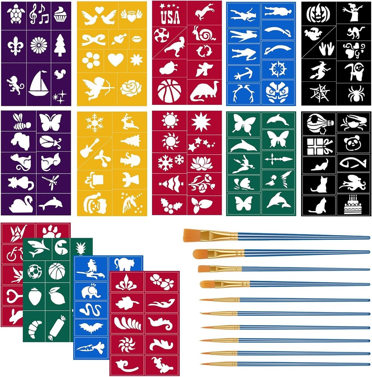 Set van 10 Verfkwasten met Nylon Haren en 14 Sjablonen voor Acryl, Waterverf en Gezichtsverf - Ideaal voor Kinderen en Volwassenen
