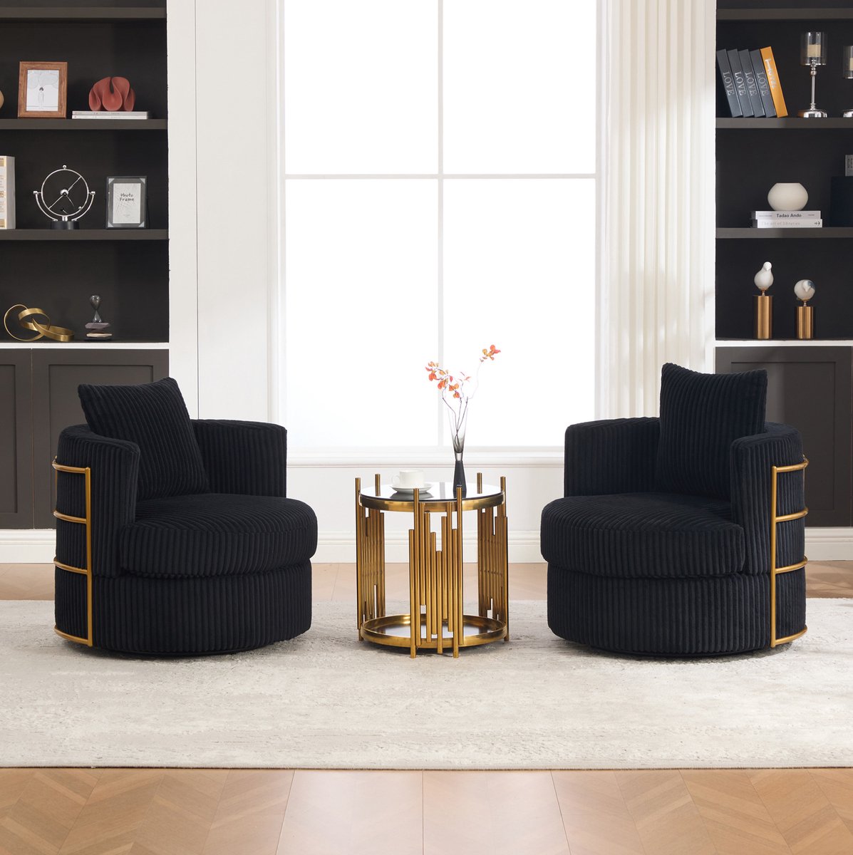 OKWISH Fauteuil – 2-Delige Set Met 360 Graden Draaifunctie En Opbergruimte – Voor Woonkamer Of Slaapkamer – Cord – Zwart