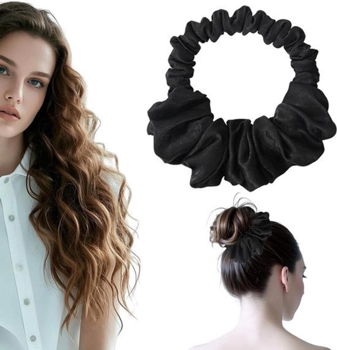 1 stuk hittevrije haar curler voor 's nachts krullen met zwarte haarbanden en zijden elastieken - zacht voor lang haar om mee te slapen