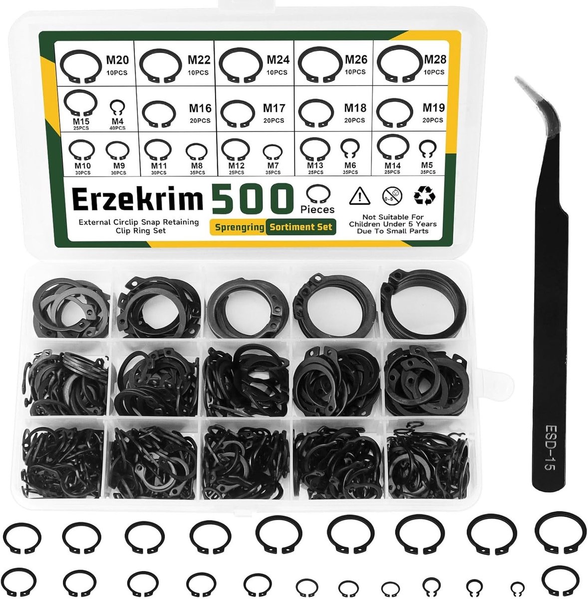 Assortiment van 500 Sprengringen in 21 Verschillende Maten met Opbergdoos - C-Clips en Bevestigingsringen voor Diverse Toepassingen