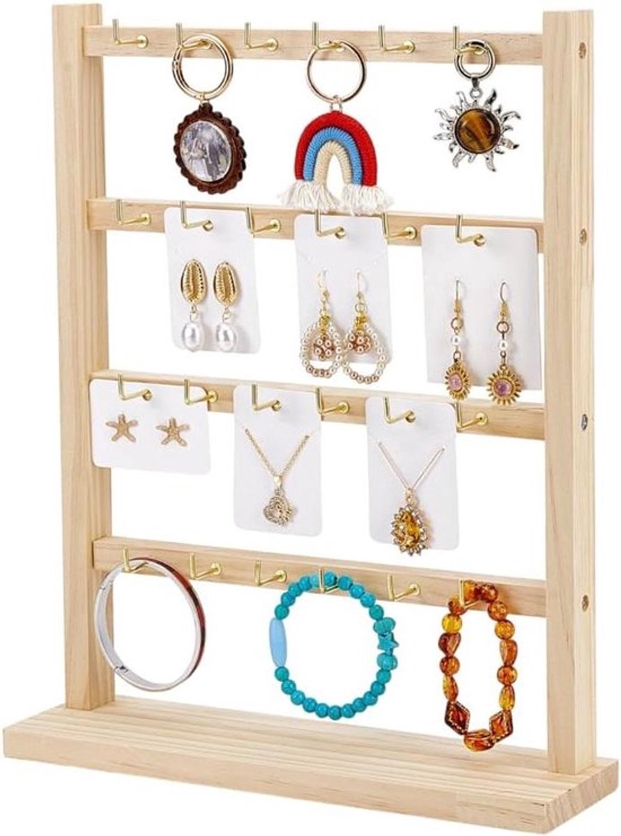 Oorbellen Displaystand - Sieraden Organisatie - 24 Haken 4 Niveaus - Hout - Leveranciers - Houten Sieradenhouder voor Oorbellen - Kettingen - Armbanden - Sleutelhangers.