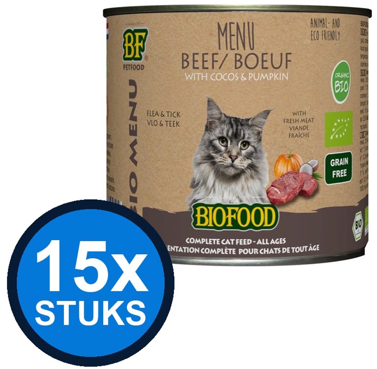 BF Petfood Biofood - Organic kat rund menu blik 200gr - Kattenvoer Natvoer - 200 g