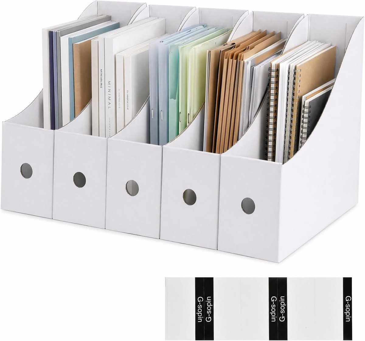 Tijdschriftenhouder A4 van kraftpapier in wit, 5 stuks, bureau-organizer voor documenten, mappen en kantoorbenodigdheden