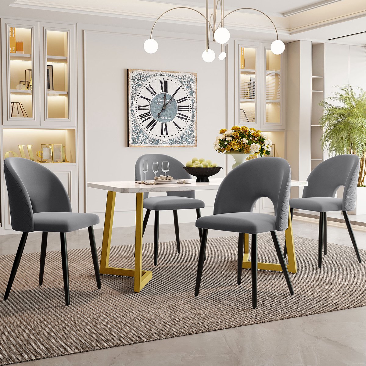 DESMIU Eettafelset 117 x 68 cm - Rechthoekige Eettafel Met 4 Stoelen En Verstelbare Stoelpoten - Voor Eetkamer - Fluweel Grijs