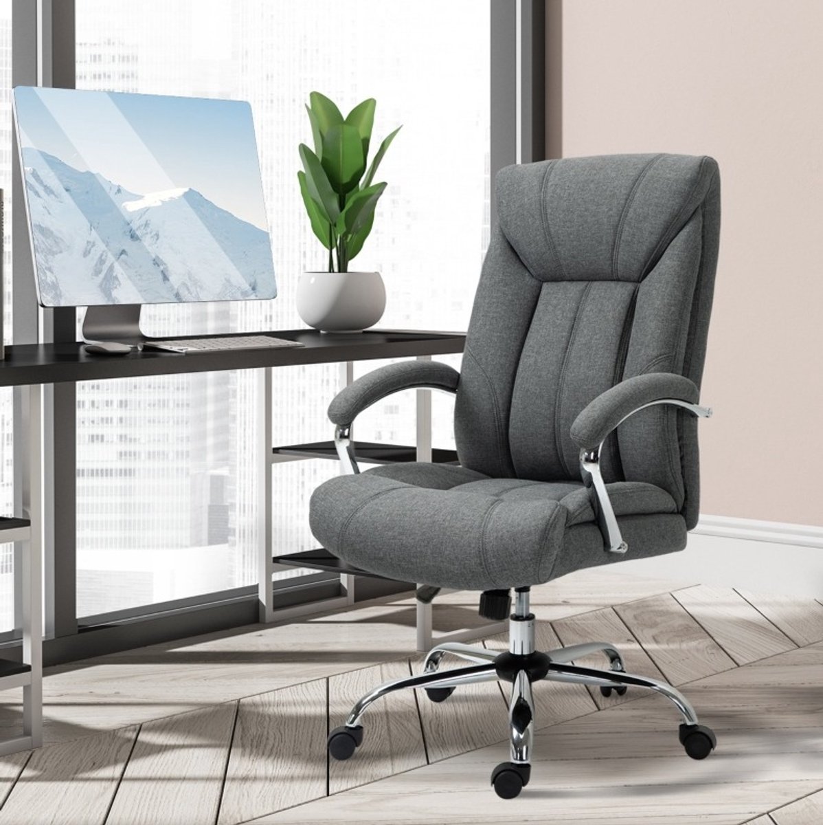 DESMIU Bureaustoel 65 x 78 x 110-118 cm - Ergonomisch Met Wippfunctie, Hoofdsteun En Verstelbare Zithoogte - Voor Kantoor - Grijs