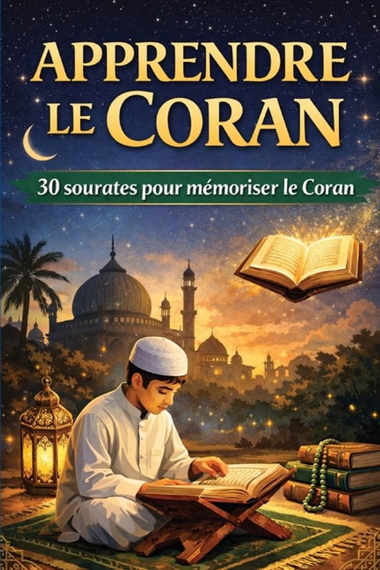 Een jongen met een witte muts en traditionele kleding leest in een geopende Koran op een houten standaard. Op de achtergrond een moskee en een sterrenhemel.