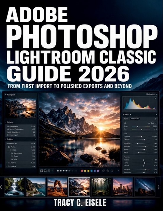 Boekomslag voor "Adobe Photoshop Lightroom Classic Guide 2026" met bergen en zonsondergang.