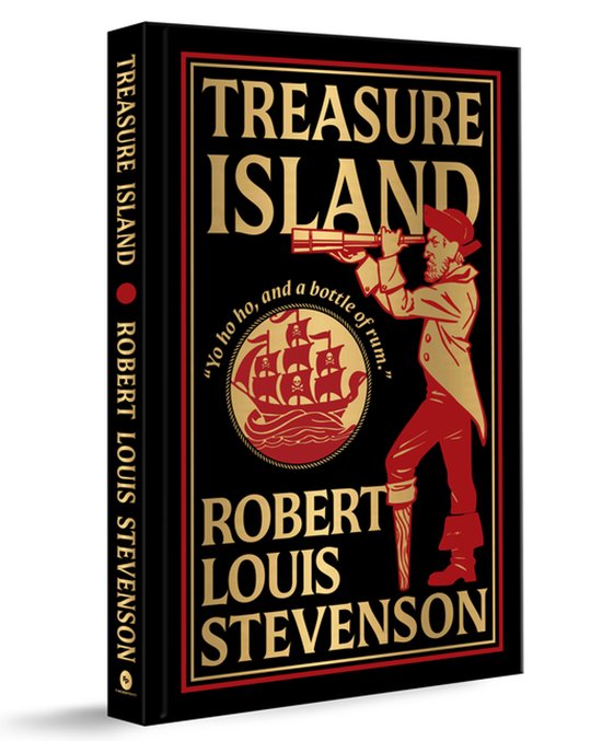 Boek 'Treasure Island' van Robert Louis Stevenson met op de kaft een man met een telescoop en een zeilschip. Goudkleurige tekst op zwarte achtergrond.