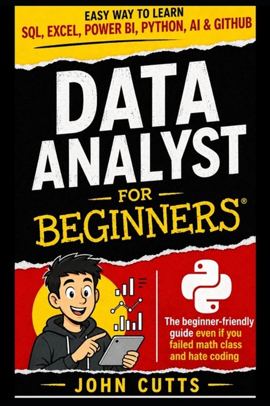 Couverture du livre 'Data Analyst for Beginners' avec un garçon en dessin animé pointant vers une tablette. Contient du texte sur SQL, Excel, Python, IA et GitHub.