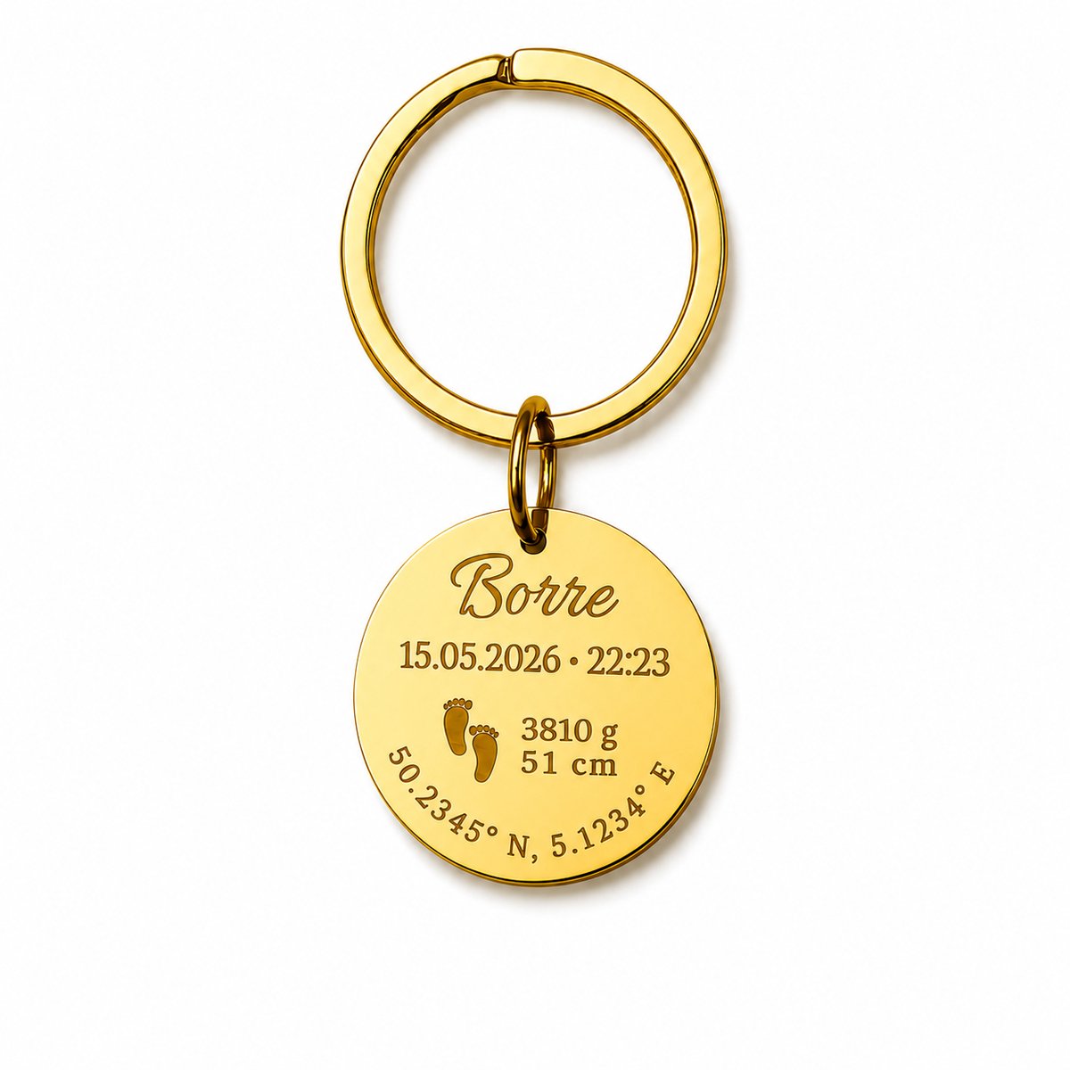 Engravia by Derya – Sleutelhanger met Gravure – Goud Kleur RVS – Gepersonaliseerd Geboorteontwerp – Cadeau voor Geboorte, Ouders & Baby