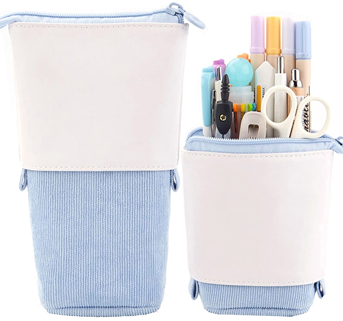 Telescopische Pennenzak Blauw – Staande Etui met Verstelbare Hoogte – Grote Potlodentas van PU en Corduroy – Multifunctionele Organizer voor School, Kantoor en Make-up Kwasten
