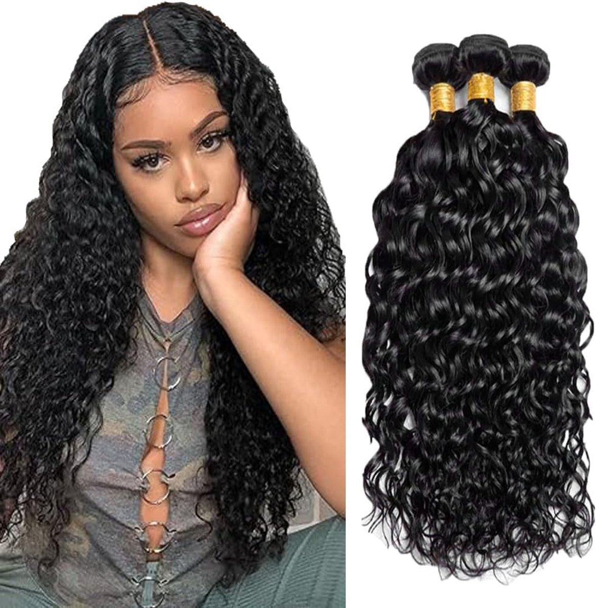 LISM-Gevlochten haarextensies van geïmproviseerd echt haar, Braziliaans haar, natuurlijk zwart, 3 strengen, 35,5 cm