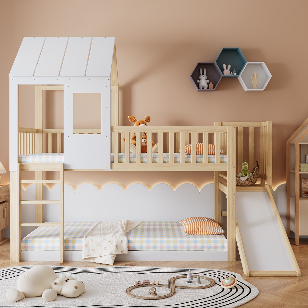 Hoogslaper 90 x 200 cm – met glijbaan – wit – voor kinderkamer en tienerkamer – praktisch ruimtebesparend ontwerp – praktische slaapoplossing voor dagelijks