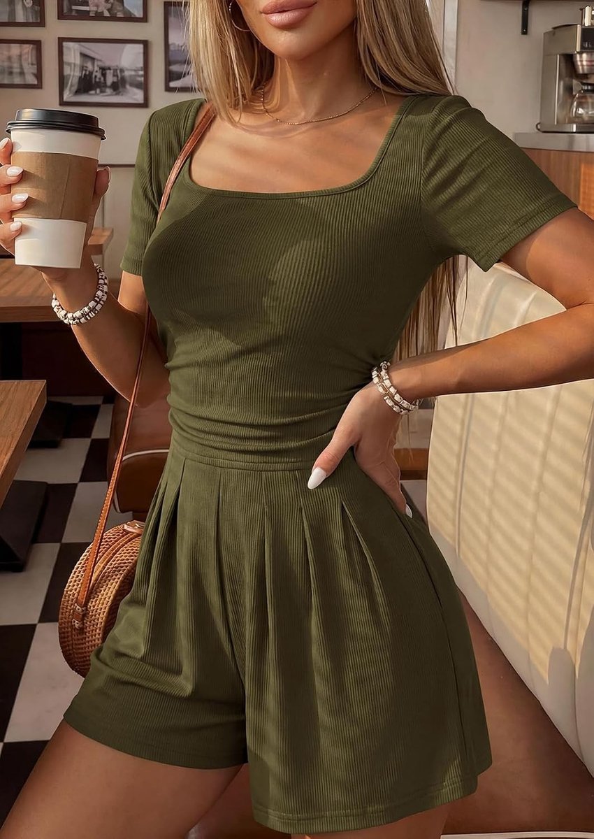 Elegante Dames Jumpsuit met Korte Mouwen en Ronde Hals voor Zomer, Met Zakken en Hoge Taille, Perfect voor Strandvakantie en Vrije Tijd