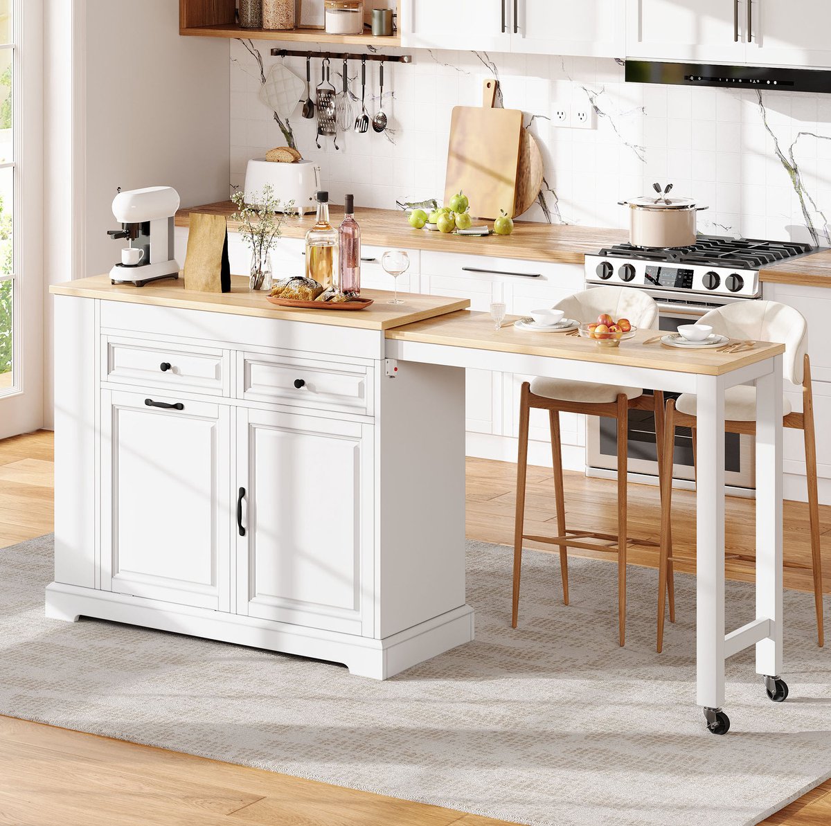 Wishdor - Keukenkast - Uitschuifbaar werkblad en afvalbakvak - Verrijdbaar keukeneiland - Voor keuken en eetkamer - Houtlook en bewerkt hout - Wit naturel - 180 x 45 x 92 cm