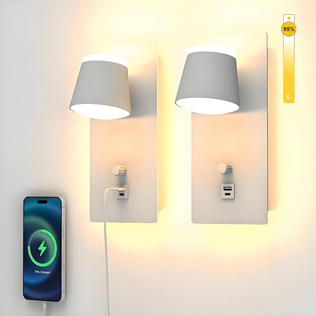 Dimbare Wandlamp - Wit - USB Type-C Oplaadpoort - Modern Design - Voor Slaapkamer en Woonkamer