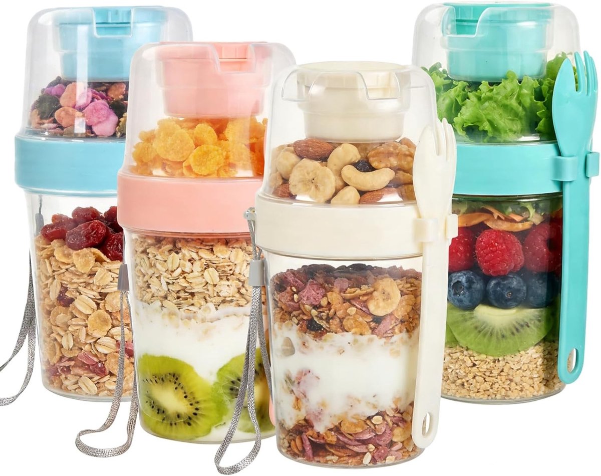 Set van 4 Herbruikbare Yoghurt-Parfaitbekers - BPA-vrij Kunststof - Lekvrije Sluiting - Stapelbare Ontwerp - Voor Snacks en Maaltijdprep