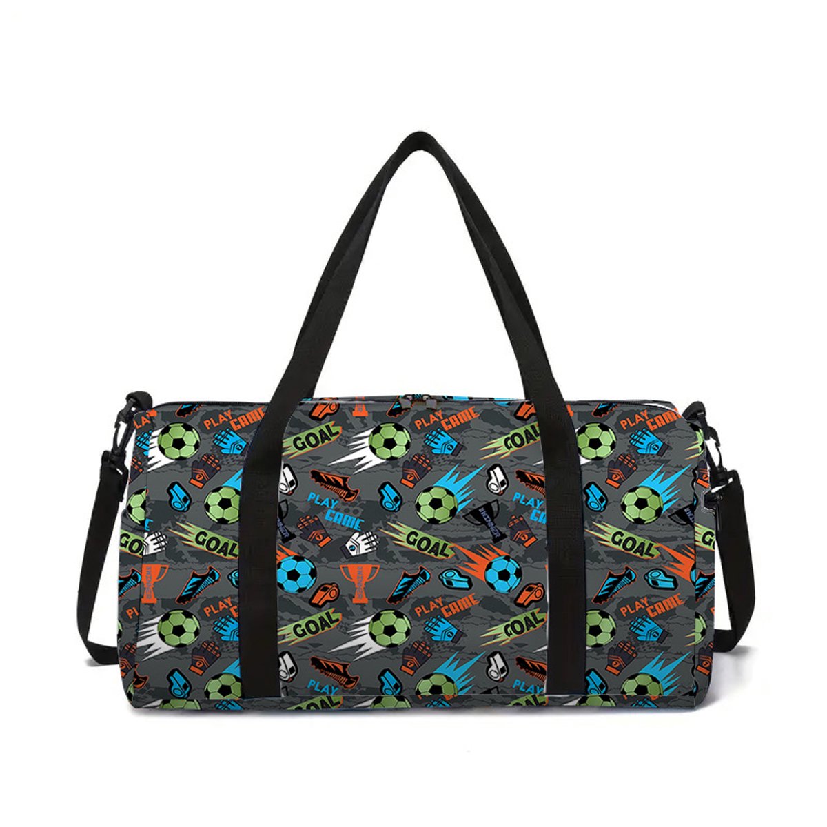 Voetbal Patroon Reistas Kind | Voetbal Patroon Sporttas Kind | Voetbal Patroon Weekendtas | Handbagage Kind Vliegtuig | 25 Liter | Sporttas Jongens | Weekendtas met Voetbal | Grijze Kindertas Peuter | Tas voor Logeren of Vakantie | 24x20x45 cm