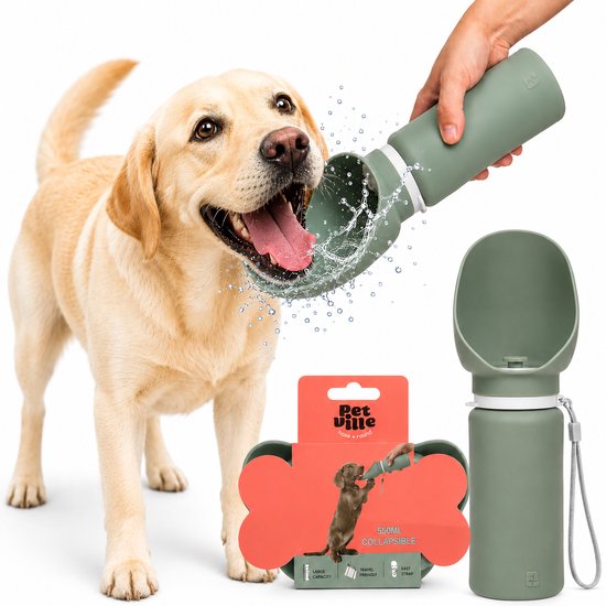Opvouwbare Honden Drinkfles - Honden Waterfles 500 ml - voor Onderweg - met Drinkbak - Waterfles voor Hond - Honden Fles Reizen - Honden Bidon - Reisfles Hond - Auto Hondenwaterfles - Opvouwbare Drinkbak Hond - Drinkfles Huisdier - Groen - Pet Ville