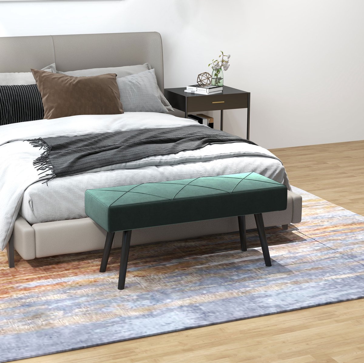 MIVRAY Bedbank 100 x 36 x 45 cm - Gepolsterde Zitbank in Samtlook Met Stalen Poten - Voor Slaapkamer En Hal - Groen