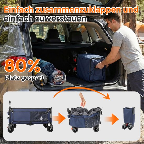 Handwagen - Bolderkar - Uitgerust met all-terrein wielen - Snelle montage constructie - 130 x 65,5 x 116,8 cm - Geschikt voor stranduitjes, winkelen, tuinwerk, picknicks, kamperen, sportevenementen, vissen en concerten - Blauw — afbeelding 5