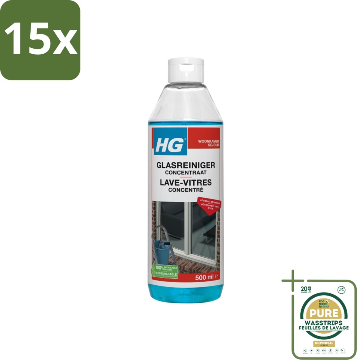 15 x HG Glasreiniger Concentraat 500 ml - Grootverpakking - Glas Reinigen - Streeploos Reinigen - Ramen Reinigen - Glazen Reiniger - Reinigingsmiddel