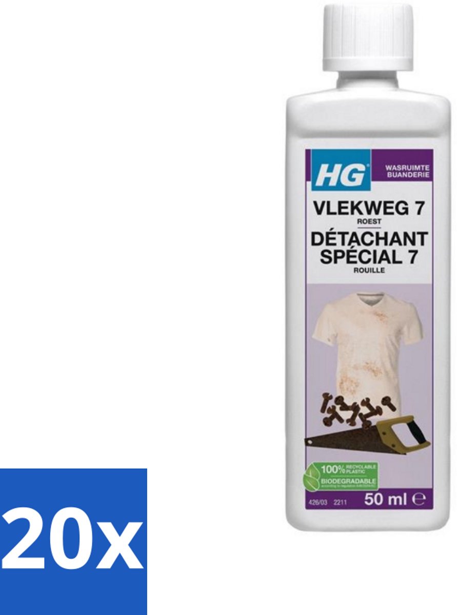20 x HG - Wasruimte - Vlekweg 7 - Roest - 50 ml - Roestvlekken Verwijderen - Textiel Reinigen - Tegels Reinigen - Natuursteen Reinigen - Beton Reinigen