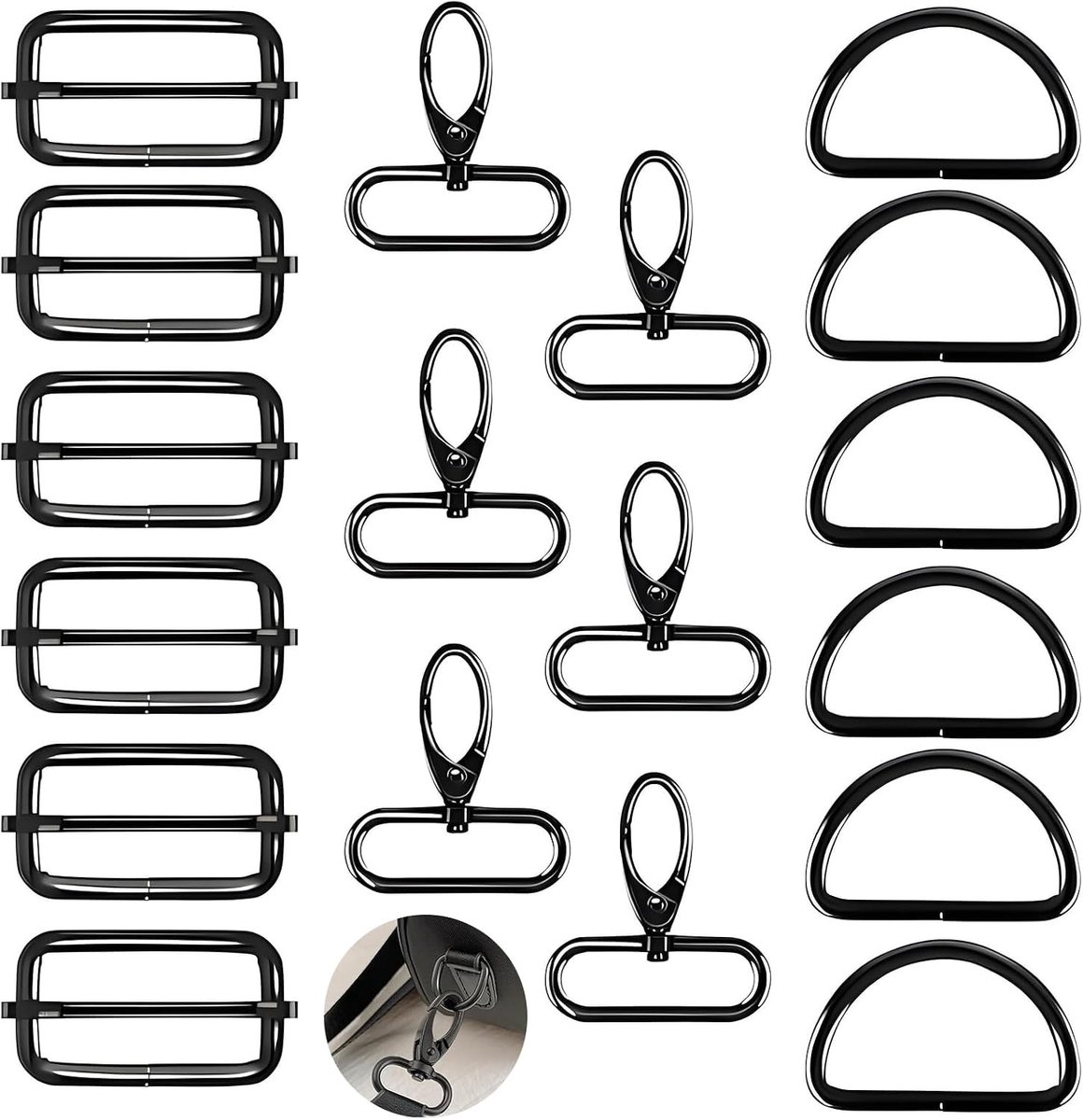 Set van 18 D-Ringen, Carabiners met Draaibare Haak, Sleutelhangers en Metalen Slide Buckles voor DIY en Naaiprojecten