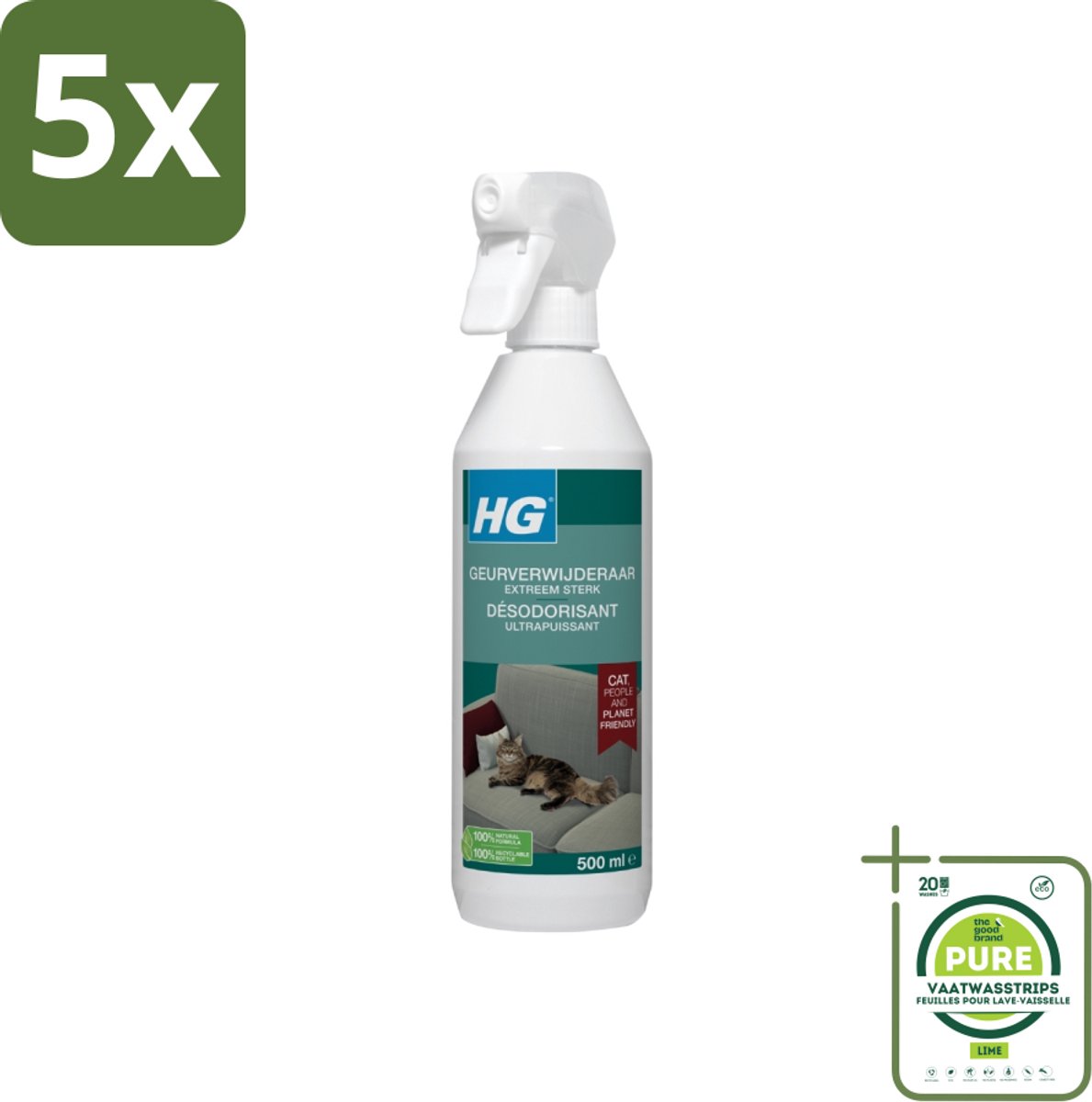 5 x HG - Geurverwijderaar - Extreem Sterk - Tegen Kattengeuren - 100% Biologisch - 500 ml - Grootverpakking - Kattengeur - Geurverwijderaar - Kattenspray - Kattenbakgeur - Huisdiergeur