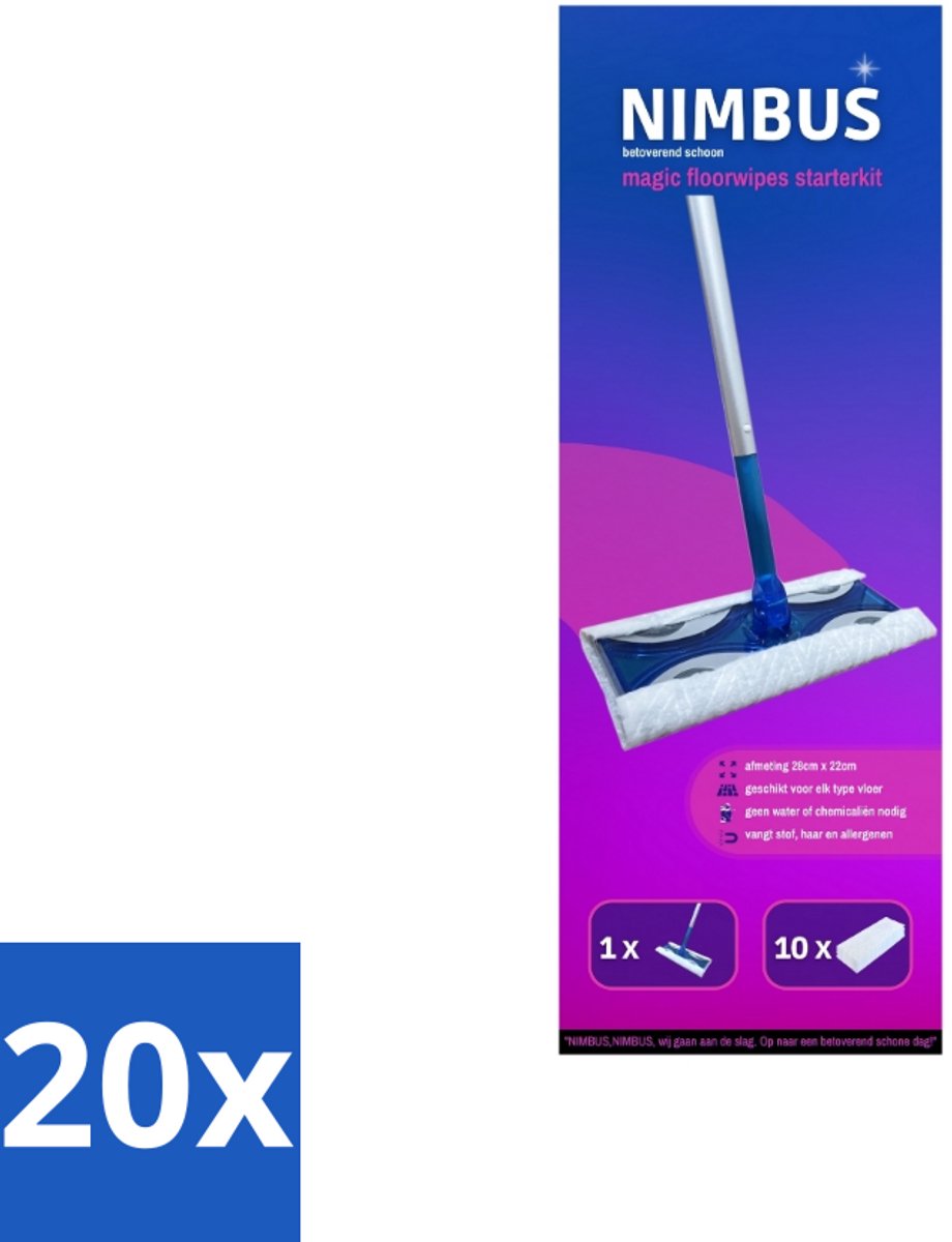 20 x NIMBUS Magic Vloerdoek Starterkit 1 Dweil + 10 Droge Vloerdoekjes 1 set - Vloerwisser - Droge Schoonmaakdoekjes - Schoonmaken - Huisdierhaar - Stof Vangen