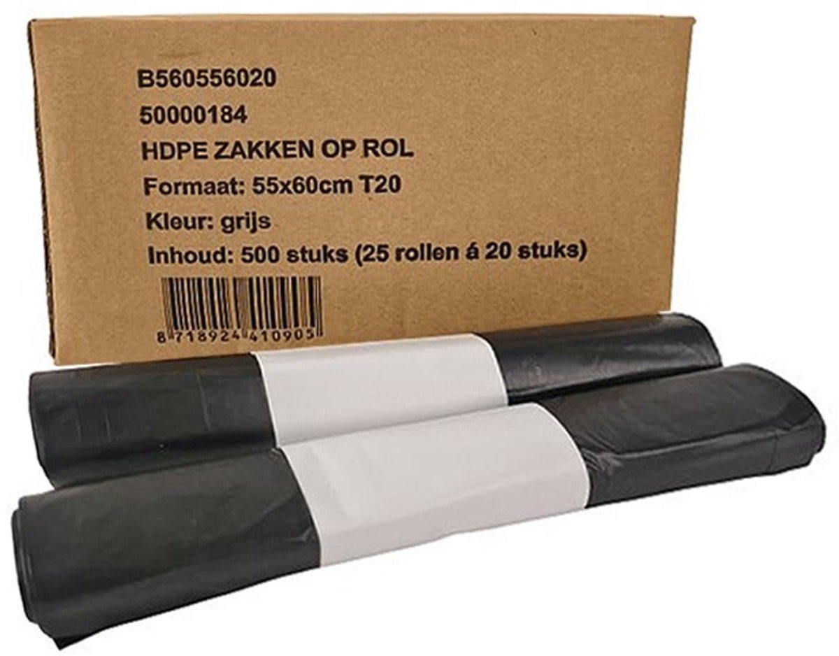 Afvalzakken 55x60cm T20 HDPE grijs - Doos 500 stuks