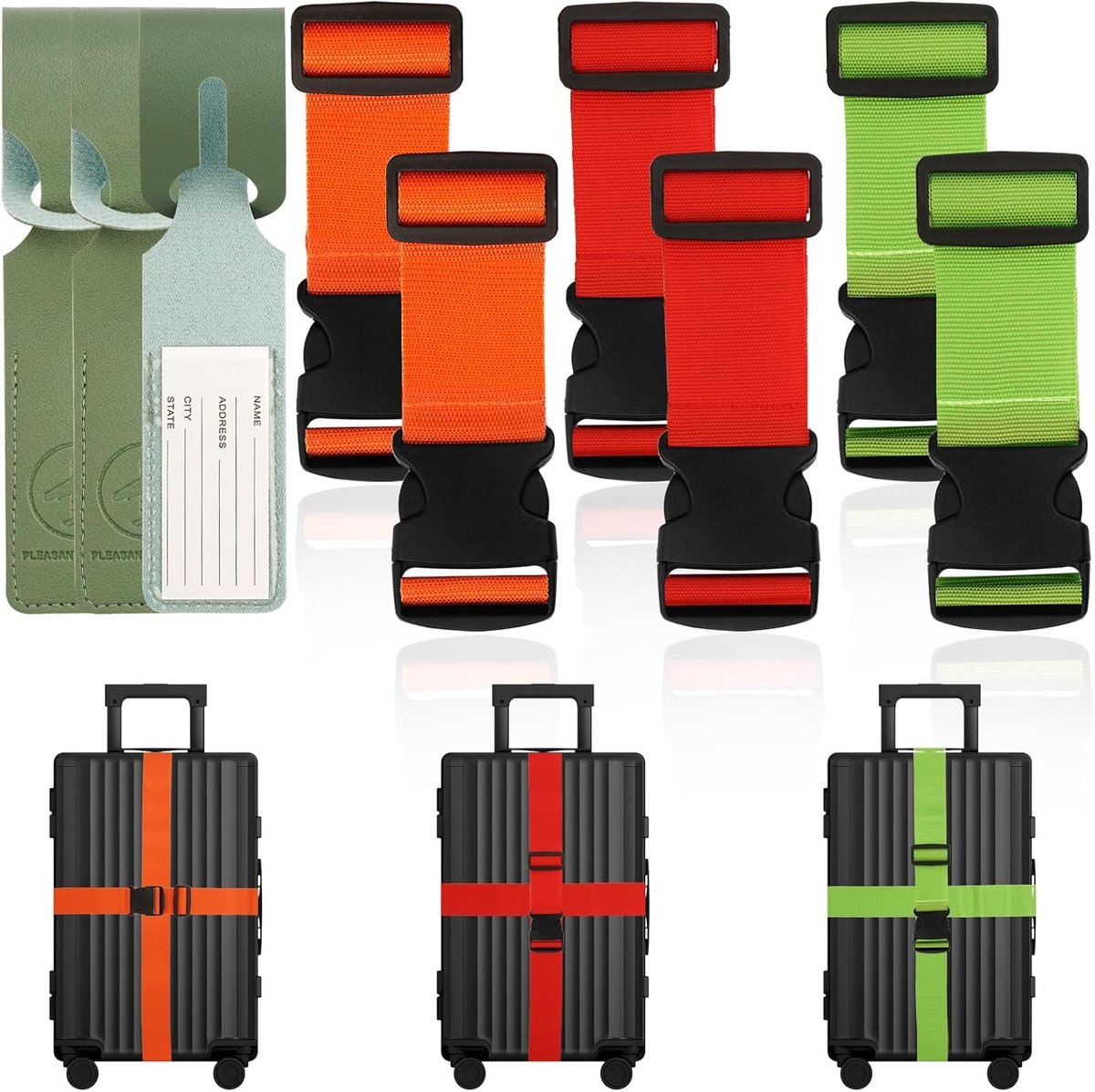 Verstelbare Kofferspanners Set van 6 met 3 Bagagetags, Duurzame en Veilige Reisaccessoires, 200 cm Lange Multicolore Luggage Straps voor Bagage en Reizen