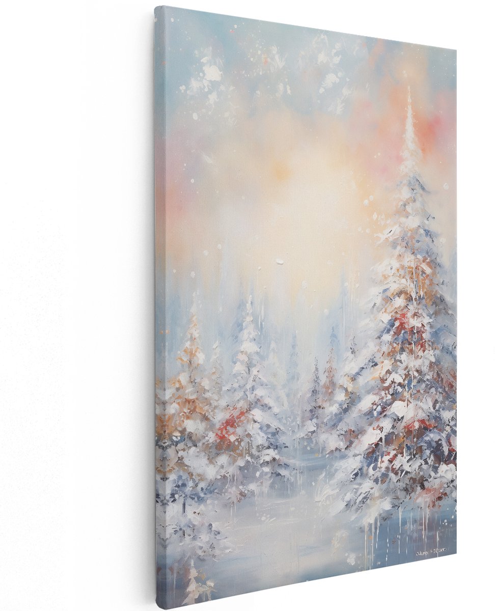Artaza Canvas Schilderij Wintersbos - Olieverf Tekening - Winter - 100x150 cm - Groot - Wanddecoratie Woonkamer