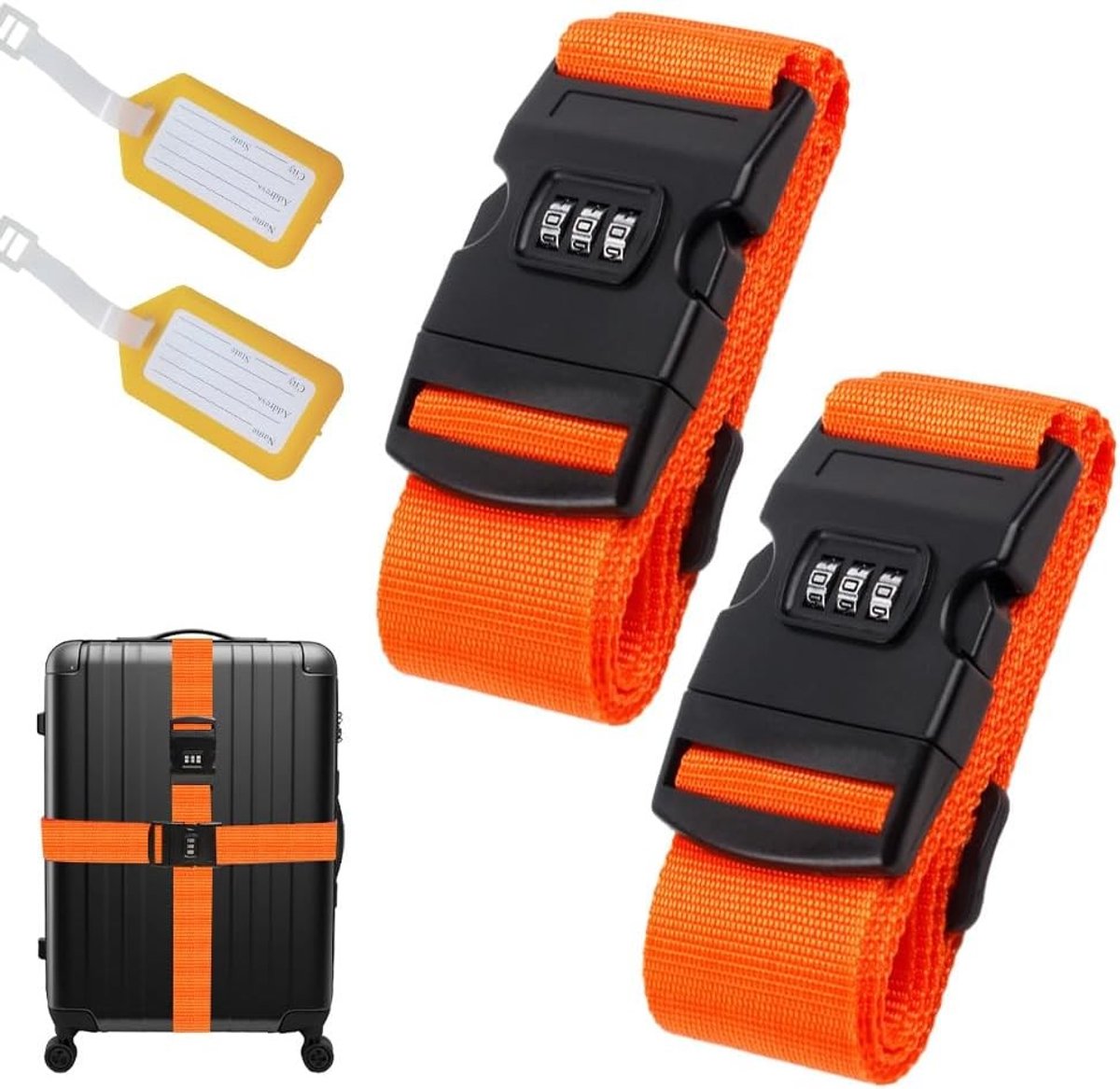 Duurzame Luggage Strap met Slot - 2 Stuks, Ideaal voor Reisbagage, Verstelbare Beveiliging met Naamlabels, Oranje