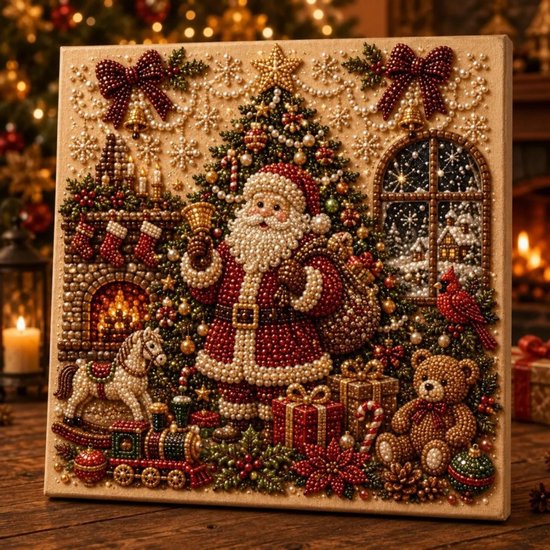 Een gedetailleerd pareldia-kunstwerk van de kerstman bij een kerstboom, open haard en speelgoed.