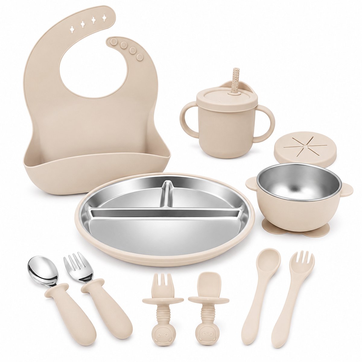 Baby Eetset - 11-Delig RVS Kinderservies met Zuignap - Beige