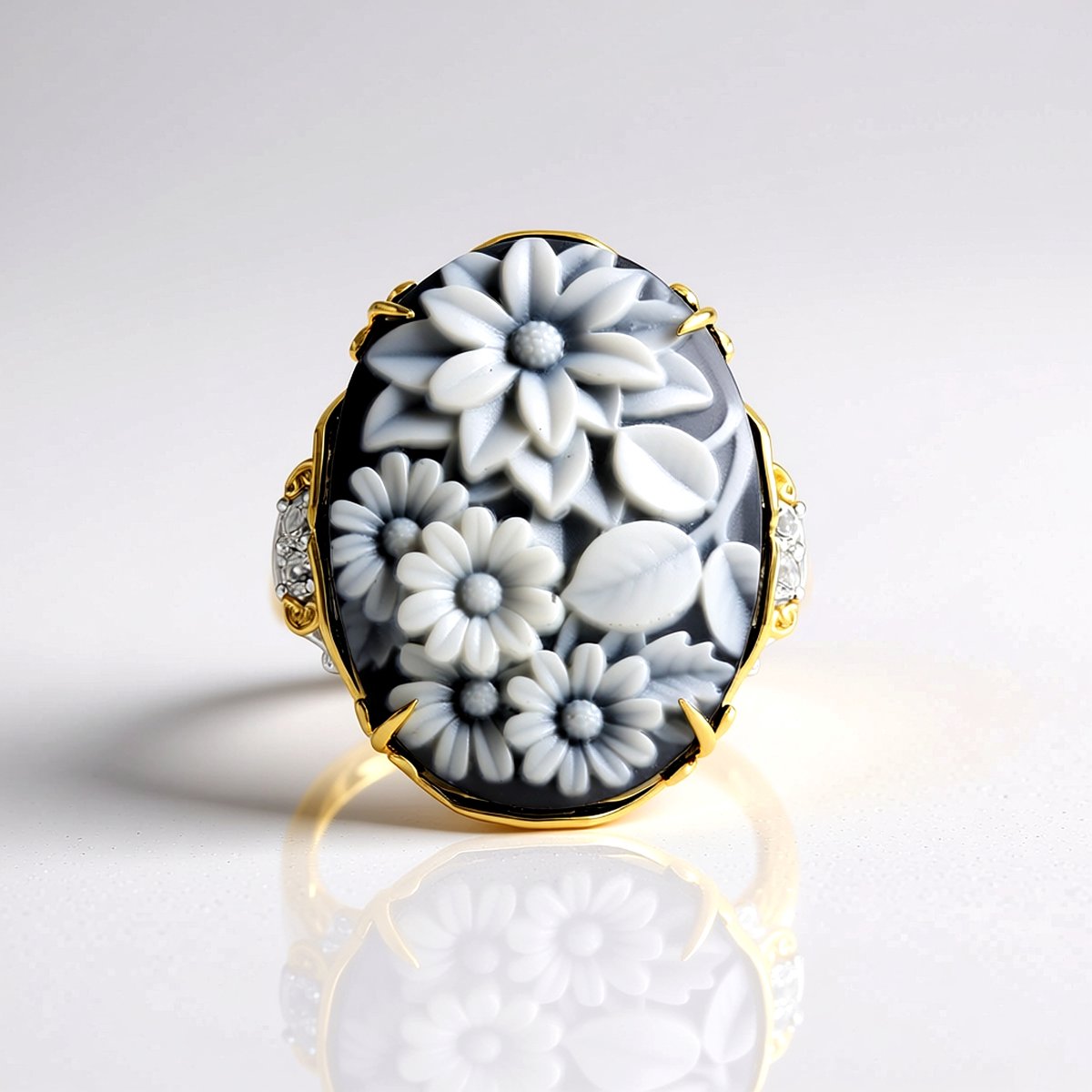 Cavill - Zilveren ring met zwarte agaat 16,13 ct - 925 sterlingzilver met palladiumafwerking - elegante ring met zirkonia - bloemmotief - maat 17