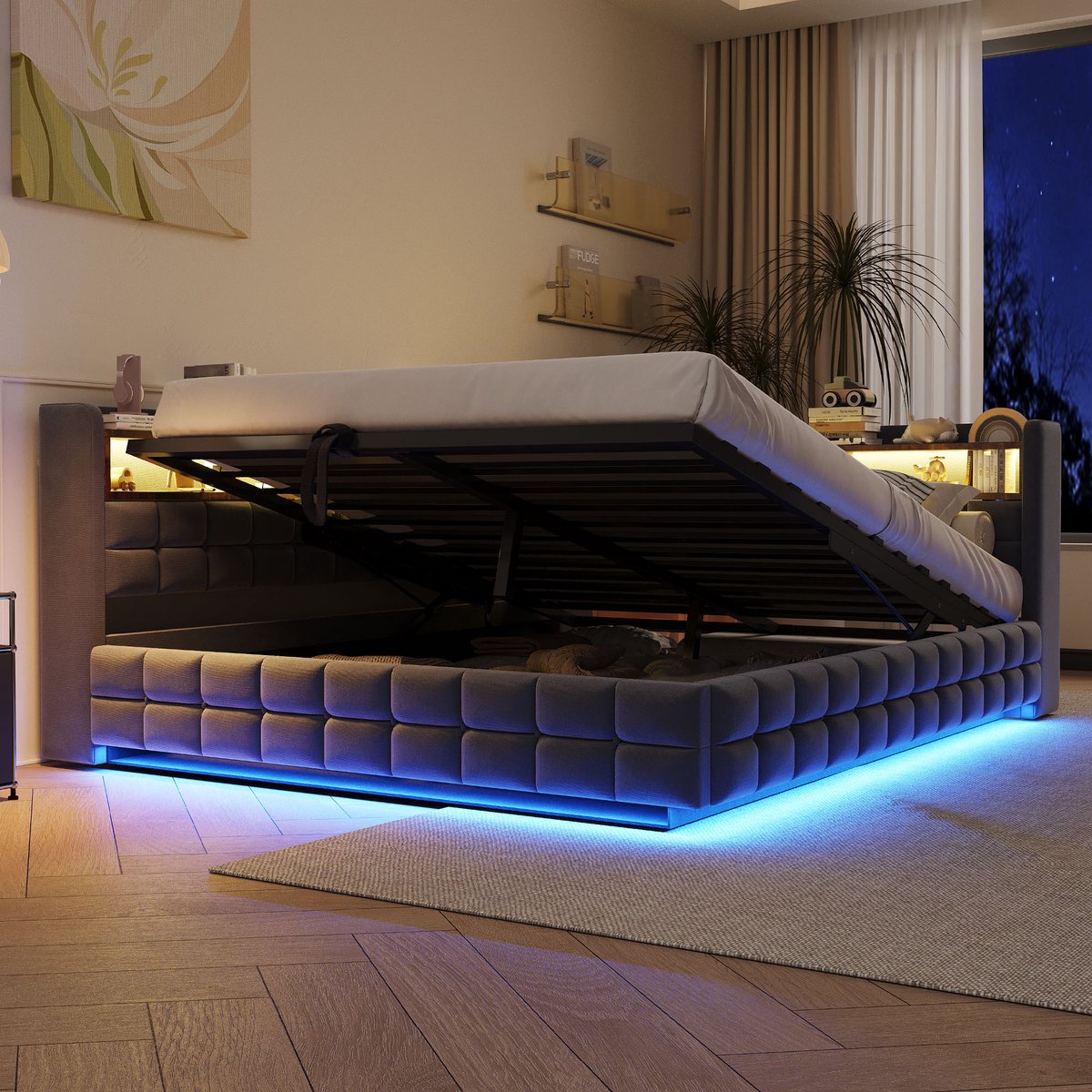 Kinderbed, Multifunctioneel gestoffeerd bed slaapbank 140 × 200 cm, met hydraulische opbergruimte, houten rek, LED-lichtstrip, stopcontact, USB- en Type-C-oplaadpoorten, lattenbodem ondersteuning, fluweel stof donkergrijs