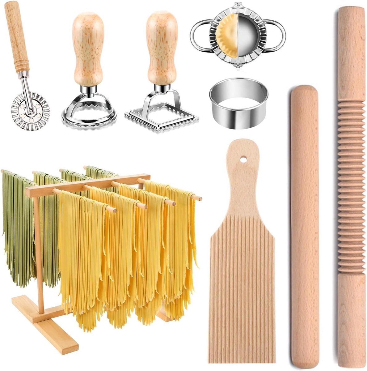 Pastamaker Set - Noodles Maken - Thuis Koken - Natuurlijk Beukenhout - 9 Delig - Houtkleur