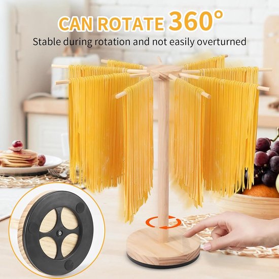 Pastadroger Hout - Noedeldroger - Verse Pasta Drogen - 9 Afneembare Armen - Draaiende Sokkel - Houtkleur — afbeelding 3
