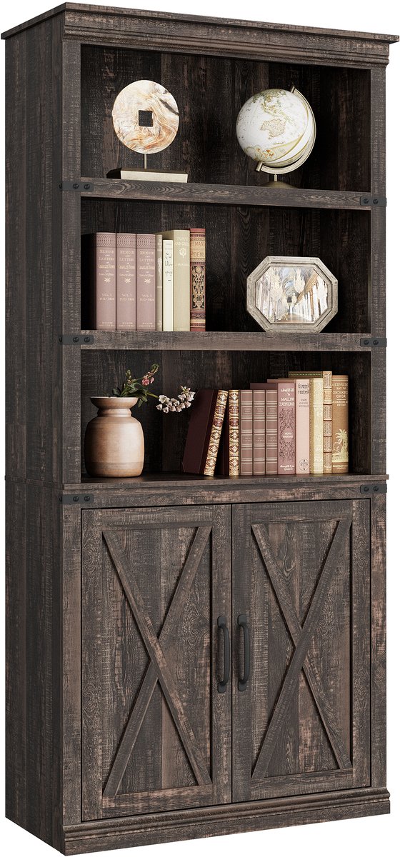 Boekenkast 5 Lagen met Deuren - 80x32.7x174.5cm - Houten Opbergkast - Halfgesloten Boekenkast - Voor Woonkamer Slaapkamer Kantoor - Donker Eiken