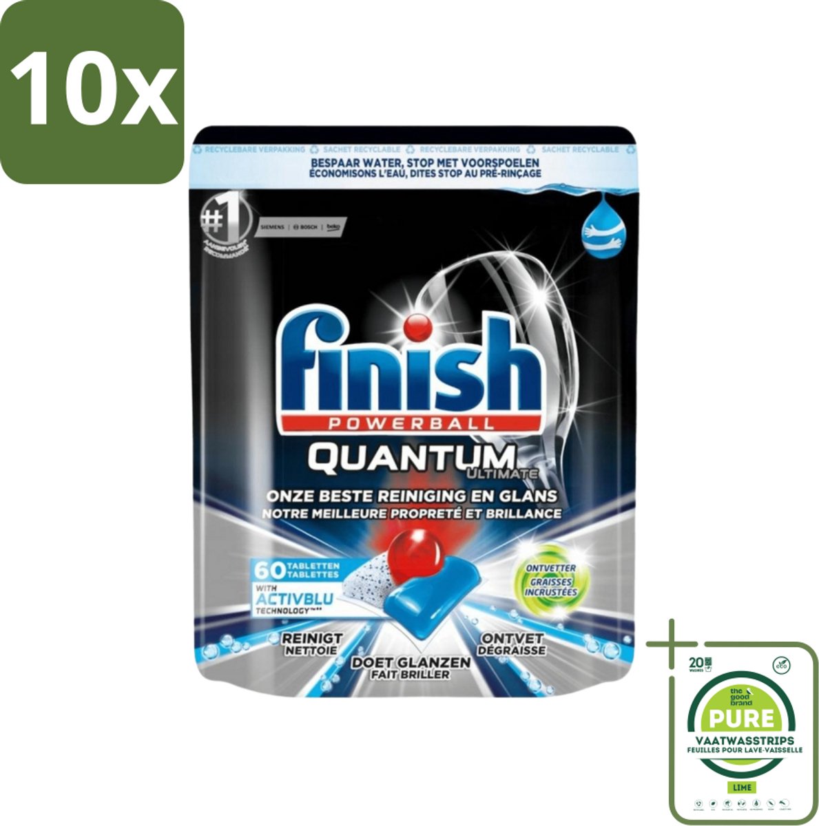 10 x Finish Powerball - Quantum Ultimate - Vaatwastabletten - Ontvetter - 60 Tabletten - Grootverpakking - Vaatwastabletten - Vaatwasser Tabletten - Ontvetter - Diepe Reiniging - Quantum Technologie
