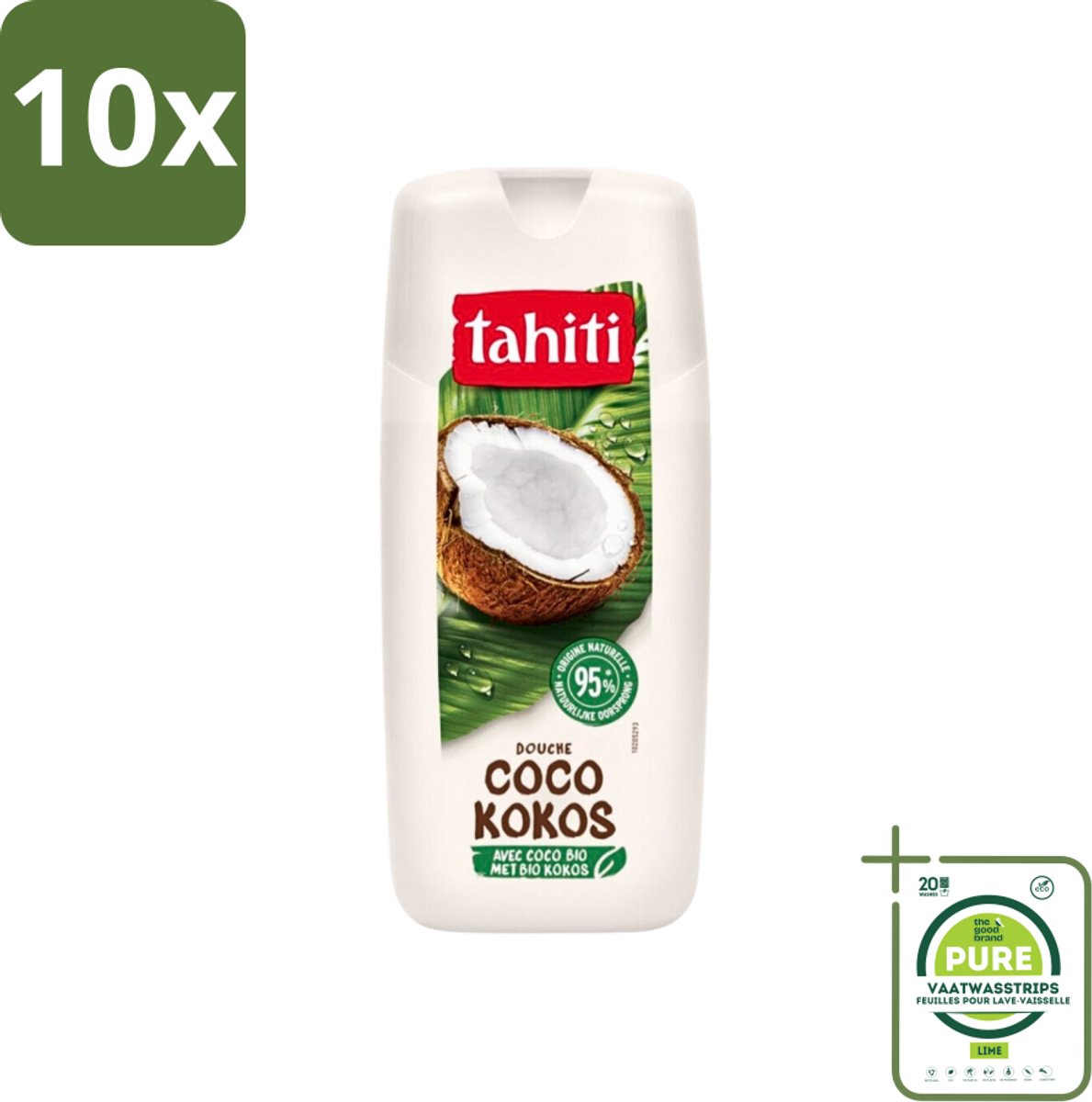 10 x Tahiti - Douchegel - Biologische Kokos - 100% Vegan - 300 ml - Grootverpakking - Douchegel - Kokos - Biologisch - Hydratatie - Verzorging