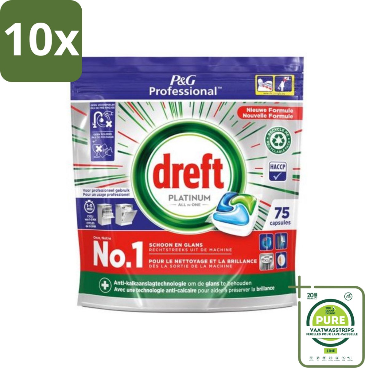 10 x Dreft Professional - Platinum - All In One - Vaatwascapsules - 75 Afwasbeurten - Grootverpakking - Vaatwascapsules - Vaatwasser Capsules - Professionele Vaatwas - Vaatwasser Reiniging - Hardnekkige Vlekken