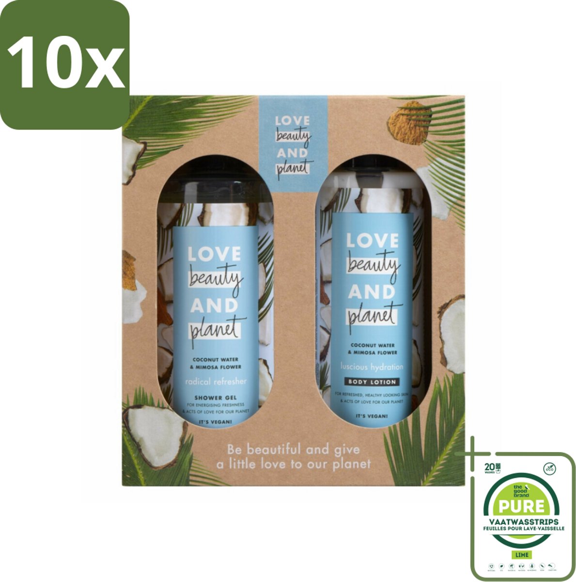10 x Love Beauty and Planet - Douchegel & Bodylotion - Kokoswater & Mimosabloem - Duo Geschenkset - Grootverpakking - Kokoswater - Mimosabloem - Vegan Verzorging - Duurzame Cosmetica - Biologische Ingrediënten