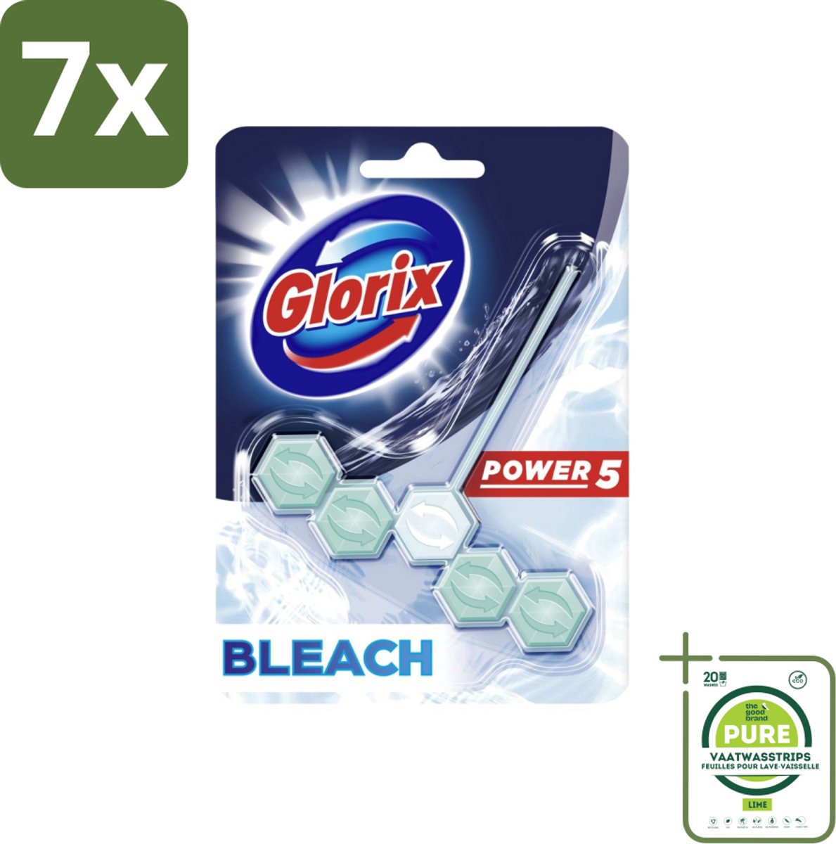 7 x Glorix - Power 5 - Toiletblok - Bleach - Anti-Kalkwerking - Langdurige Frisheid - 1 Blok - Grootverpakking - Toilet Schoonmaak - Toiletblok - Kalk Verwijderaar - Toilet Frisheid - Hygiënisch Toilet